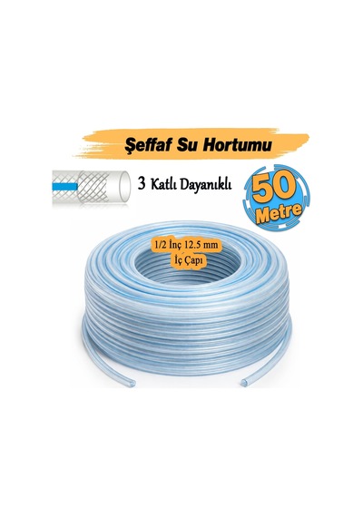 Örgülü Şeffaf Bahçe Hortumu 50 Metre Dayanıklı 3 Katlı Sağlam Çeşme Su Sulama Yıkama 12.5 Mm 1/2