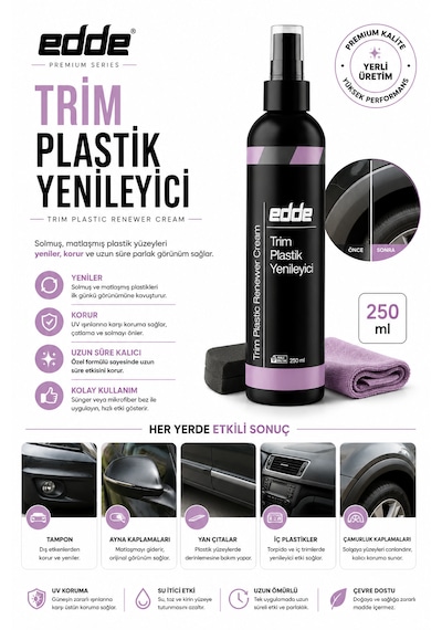Edde Araba Araç Oto Trim Plastik Aksam Yenileyici Onarıcı Krem Plastik Yenileme Kremi 250 Ml Detailing 250ml