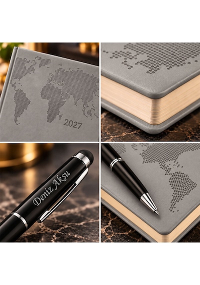 Bk Gift Kişiye Özel 378 Termo Deri Tarihli Ajanda & Siyah Touch Pen Tükenmez Kalem-17 Gri