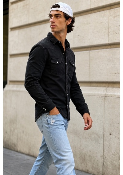 Erkek Slim Fit Siyah Kot Gömlek Çıtçıt Düğmeli Uzun Kollu Denim Gömlek