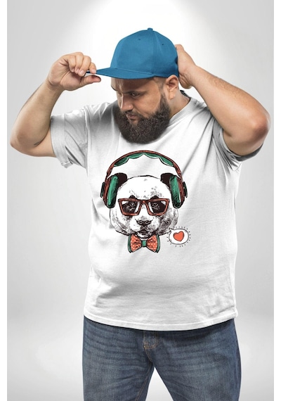 Angemiel Kulaklıklı Hipster Portre Panda Beyaz Büyük Beden Kadın Erkek Ünisex Basic Ön Baskılı Tişört Beyaz