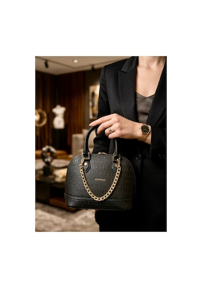 Just Polo Orijinal Kadın Zincir Detaylı Lüks Tasarım El & Omuz Çantası Ve Cüzdan Seti Shoulder Bag Shopper 25x22 Cm Siyah