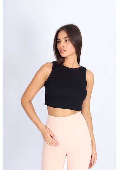 Soft&Basic Kadın Siyah Basic Halter Yaka Esnek Biyeli Kaşkorse Kumaş Crop Top Body Atlet Siyah