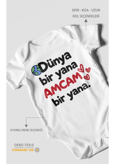 Morivokids Dünya Bir Yana, Amcam Bir Yana Kısa Kollu Bebek Body %100 Pamuk Zbn170-kk Beyaz