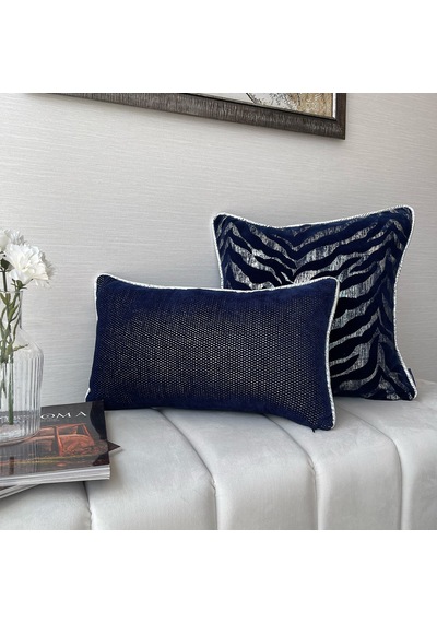 "navy Zebra" Desenli Kırlent Kılıfı - 45x45 - Gümüş Lacivert - Gümüş