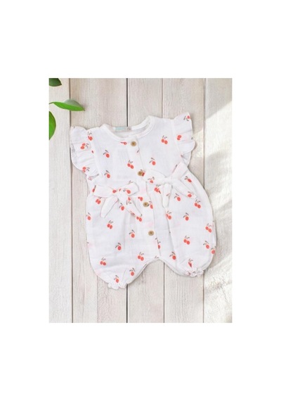 Nanon Baby Altıntaş Baby Kiraz Ponpon Desenli Müslin Fiyonklu Tulum Ekru Ekru