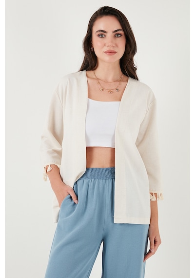 Lela Pamuk Ve Keten Karışımlı Püskül Detaylı Regular Fit Uzun Kimono Bayan Hırka 5869015 Bej