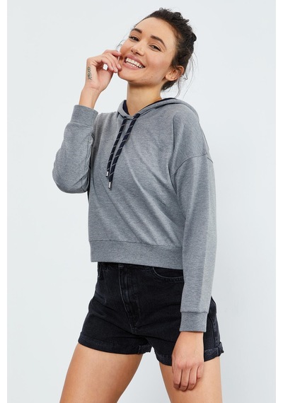 Tommy Life Gri Melanj Uzun Kol Rahat Form Kapüşonlu Kadın Sweatshirt - 97115 Gri Melanj