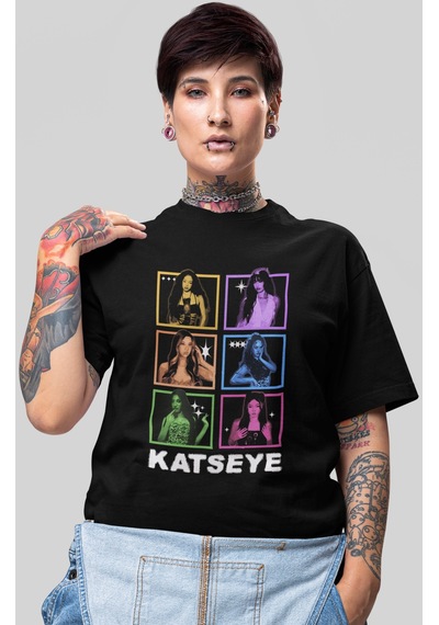 Sevbano Katseye Kpop Müzik Grubu Baskılı Unisex Oversize Tişört Siyah