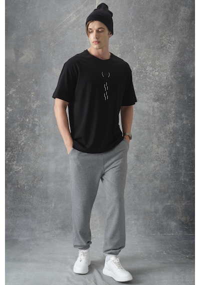 Air Jones Tommy Life Siyah %100 Pamuk Kalın Yumuşak Dokulu Oversize Fit Baskılı Erkek T-shirt - 88355 Siyah