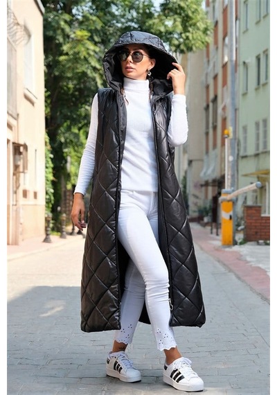 Veraura Lifestyle Siyah Kapüşonlu Cepli Baklava Desen Uzun Şişme Yelek