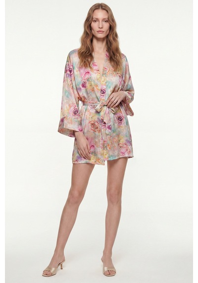 Fumee Marguerite Desenli Kısa Saten Sabahlık / Kimono