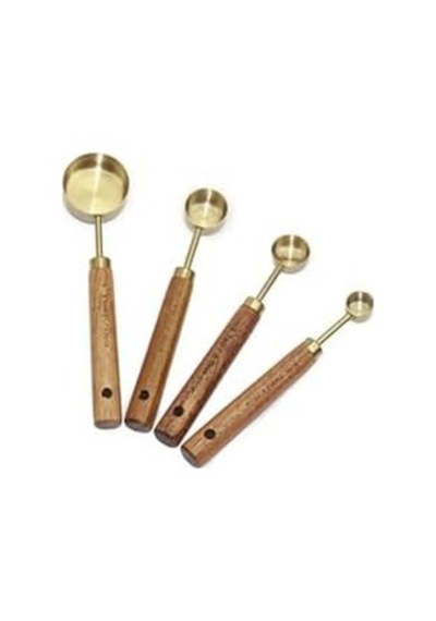 4 Parça Bambu Saplı Ölçü Kaşığı Seti, Gold Renk, Paslanmaz Çelik