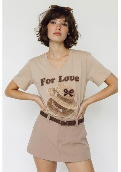 Kadın V Yaka For Love Nakış Ve Boncuk İşlemeli Oversize T-shirt 2240 60286329 - Bej