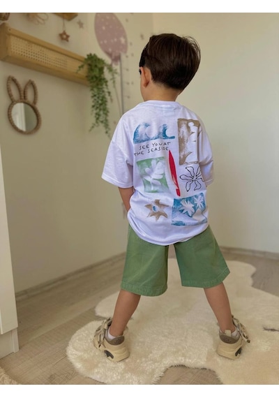 Miniko Kids Erkek Çocuk Keten Şortlu Cep Modelli Desenli Pamuk Şortlu Takım Beyaz