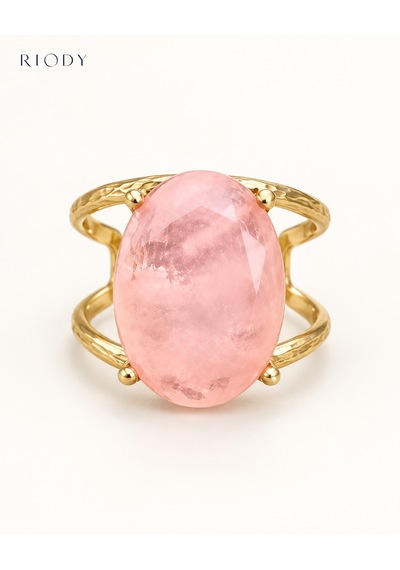 Riody Regard Rose Gold Kaplama Pembe Kedi Gözü Doğal Taşlı Ayarlanabilir Kadın Yüzük Sarı Altın