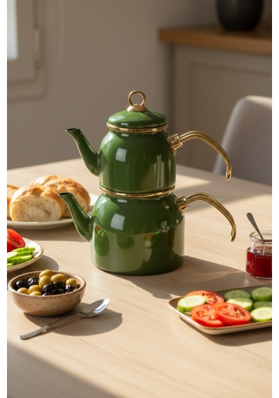 Alt Üst Emaye Yeşil Mini Çaydanlık Takımı Üst 650ml Alt 1,26lt
