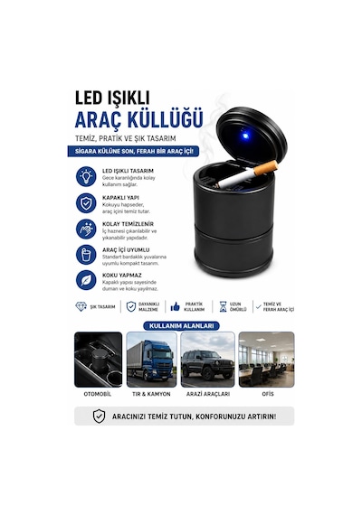 3b Trend Led Işıklı Araç Küllüğü Kapaklı Bardaklık Uyumlu Kokusuz Araç İçi Sigara Küllüğü Siyah