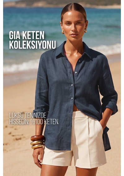 Goffra Kadın Gia %100 Doğal Keten Gömlek - Klasik Yaka Basic Minimalist Tasarım Lacivert W207-k0401-03