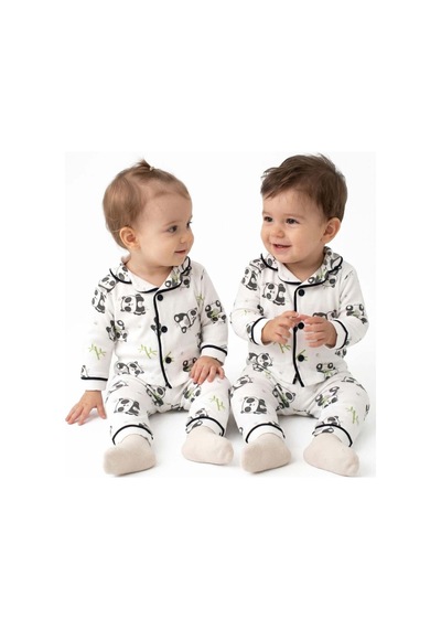 Bebegen Unisex Ekru Siyah Panda Desenli Kruvaze Yaka Pijama Takımı Çok Renkli