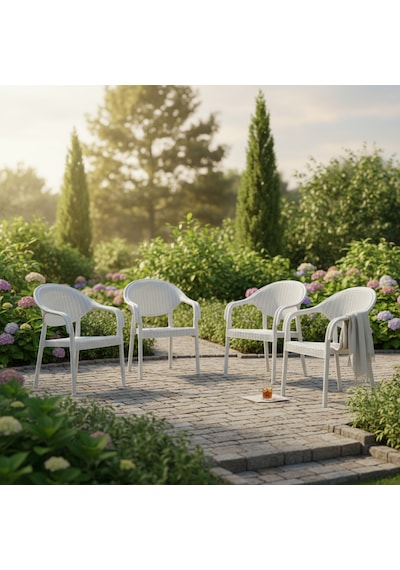 4 Adet Bambu Plastik Rattan Bahçe Balkon Teras Sandalyesi Gizli Metal Profil Ayaklı Kollu Sandalye Beyaz