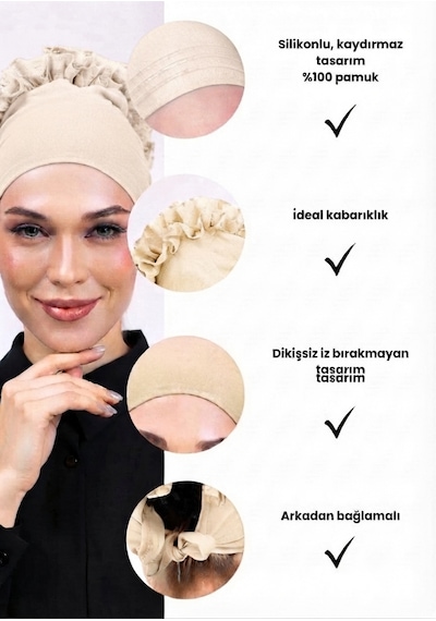 Alivascarf Kaymayan Fırfırlı Silikonlu Dikişsiz Kaymaz Bone Kadın Tesettür Bağlamalı İç Bone Taş