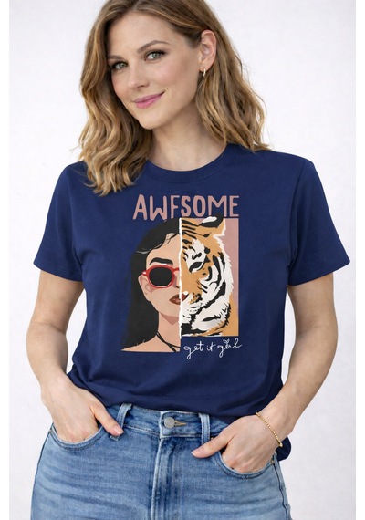 Herkesemoda Awesome Baskı Detaylı Kadın Bisiklet Yaka Pamuklu T-shirt Lacivert