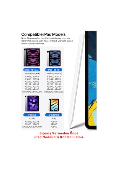 Apple Uyumlu iPad  Mini 6. Nesil 8.3 İnç Kablosuz Şarj Olabilen Avuç İçi Ve Eğim Özellikli Kalem