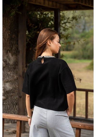 Verdeblanco Taşlı Yaka Basic Bluz Siyah Siyah