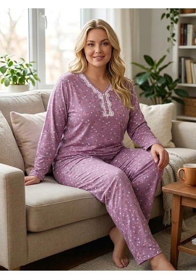 Büyük Beden Yumuşak Tuşeli Uzun Kol Likralı Pijama Takımı 8733 Lila
