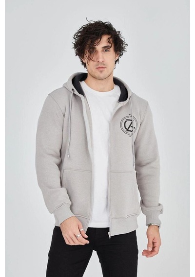 Mbb E-ticaret Erkek 3 İplik Pamuklu Fermuarlı Kapüşonlu Kanguru Cepli Baskılı Hoodie Hırka Sweatshirt - Boyalı Gri