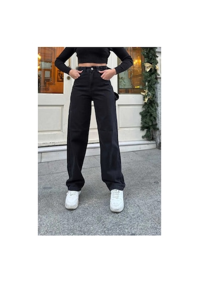 Kene Jeans Yüksek Bel Siyah Yan Kemer Tokalı Kargo Cep/baggy Bol Paça Jeans Siyah