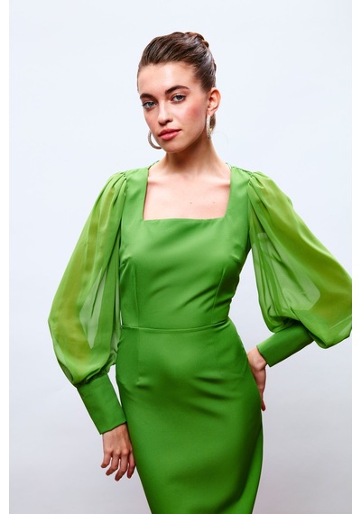 Sateen Şifon Kol Krep Elbise - Yeşil