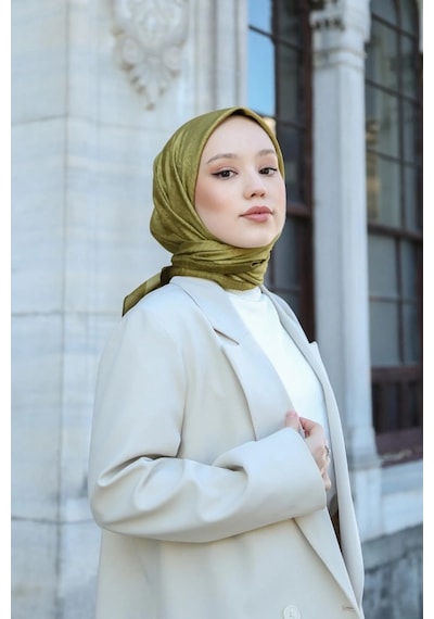 Eşarp - Premium Lux Original Monogram Eşarp İpek Vual, Yüksek Kalite, Hafif, Rahat, Şık, Scarf Yağ Yeşili