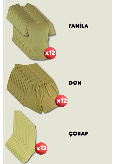 Outdoorun 12'li Askerlik Seti Fanila Don Çorap - Temel Ve Bedelli Askerlik Malzemeleri Haki