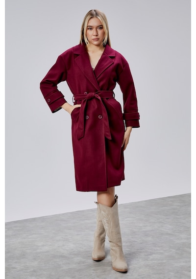 Bordo Kuşaklı Oversize Kaşe Kaban Bordo