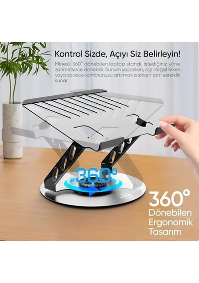 Minesk Macbook Ve Laptop Standı 360 Derece Dönebilen Boyutu Ayarlanabilir Alüminyum Alaşım Ergonomik Tasarım Bilgisayar Tutucu Bilgisayar Standı