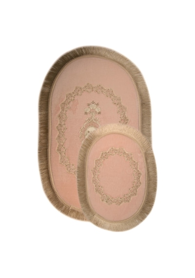 Exclusive Oval Pudra 2'li Dantelli Ve Saçaklı Banyo Paspası Püskü Pudra