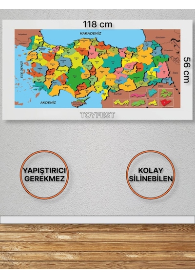Duvara Kendiliğinden Manyetik Yapışan Yazılıp Silinebilen Renkli Türkiye Haritası 118 X 56 Cm Şeffaf