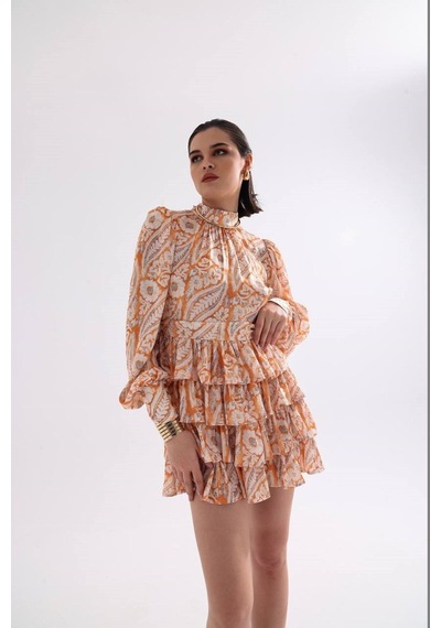 Fashion Cocktail Vatkalı Omuz Katlı Etek İthal Soft Otantik Desen Şifon Kumaşlı Uzun Kol Baharlık Mini Elbise Oranj Fashion Cocktail Vatkalı Omuz Katlı Etek İthal Soft Otantik Desen Şifon Kumaşlı Uzun Kol Baharlık Mini Elbise Oranj