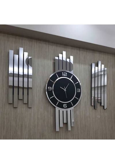 Gümüş Renk Aynalı Pleksi Modern Tasarım Oval Duvar Saati Tablo 3 Lü Set Sessiz Mekanizma Saat 70x35cm Tablo 50x20 Cm Ahşap - Gümüş - Siyah