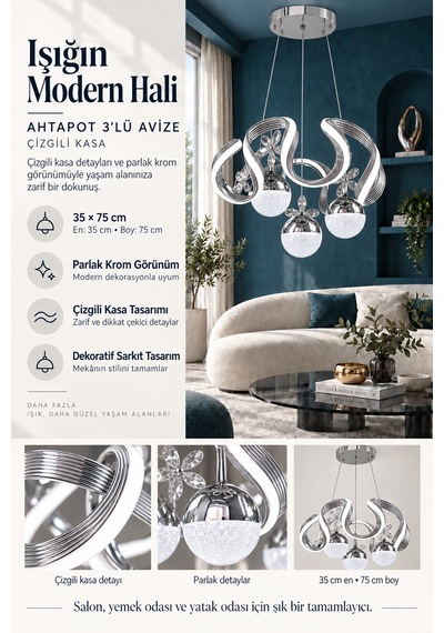 Ahtapot 3 Lü Büyük Modern Ledli Avize Çizgili 3 Renk Power Ledli Krom Kaplama Yatak Odası Salon Mutfak