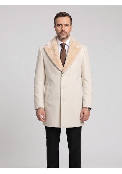 Plus Scorpion Erkek Uzun Kaşe Kaban Çıkartılabilir Kürk Yaka, Astarlı Ve Cepli Slim Fit Mont Krem