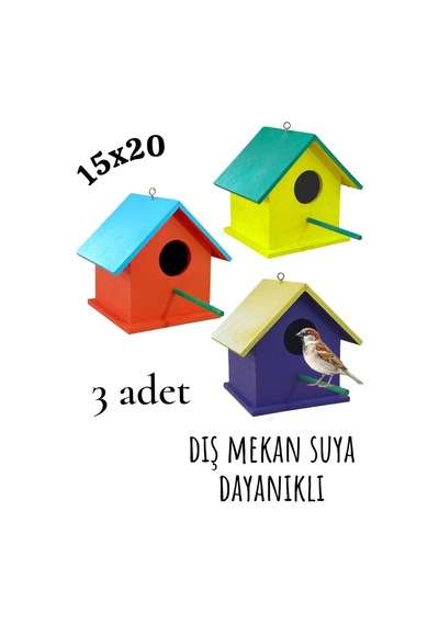 Ahşap Kuş Yuvası Kuş Evi Dış Mekan Suya Dayanıklı 3 Adet 15x15x20