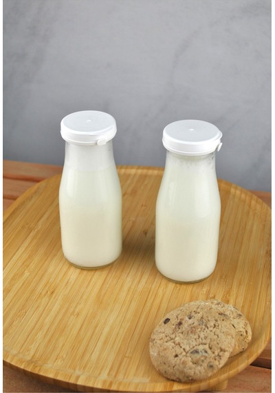 2 Adet Beyaz Plastik Kapaklı Cam Şişe 200 Ml Şeffaf Sürahi Süt, Ayran, Su, Limonata Meşrubat Şişesi