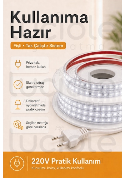 12 Metre 220v Beyaz Şerit Led Hazır Fişli Tak Çalıştır Silikonlu Yapışkanlı
