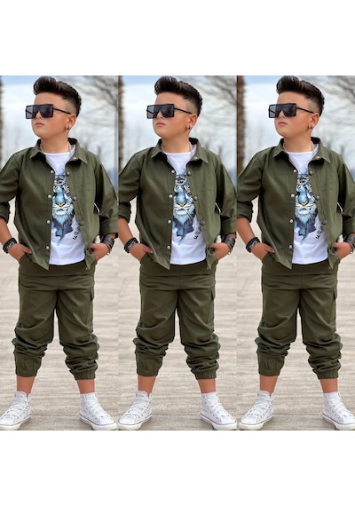 Modavals Gabardin Gömlek Kargo Cep Pantolon Ve Kaplan Baskılı Tshırt 3 Parça Erkek Çocuk Takım Haki Modavals Gabardin Gömlek Kargo Cep Pantolon Ve Kaplan Baskılı Tshırt 3 Parça Erkek Çocuk Takım Haki
