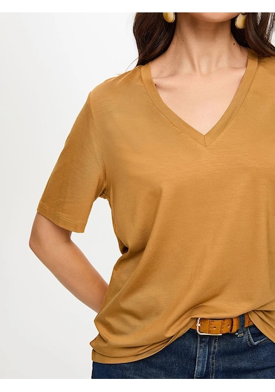 Faik Sönmez V Yaka Kısa Kol Kadın T-shirt Bs26tsh001 Camel
