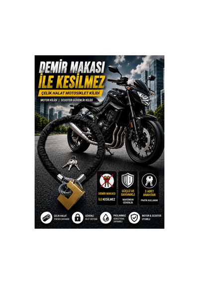 10 Mm 2 Metre Kesilmez Çelik Halat Motosiklet Kilidi Motor Kilidi Scooter Güvenlik Kilidi Siyah