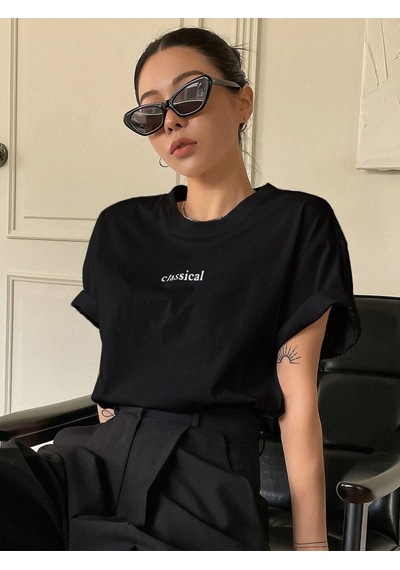 Kadın Siyah Oversize Classical Baskılı Örme T-shirt Siyah